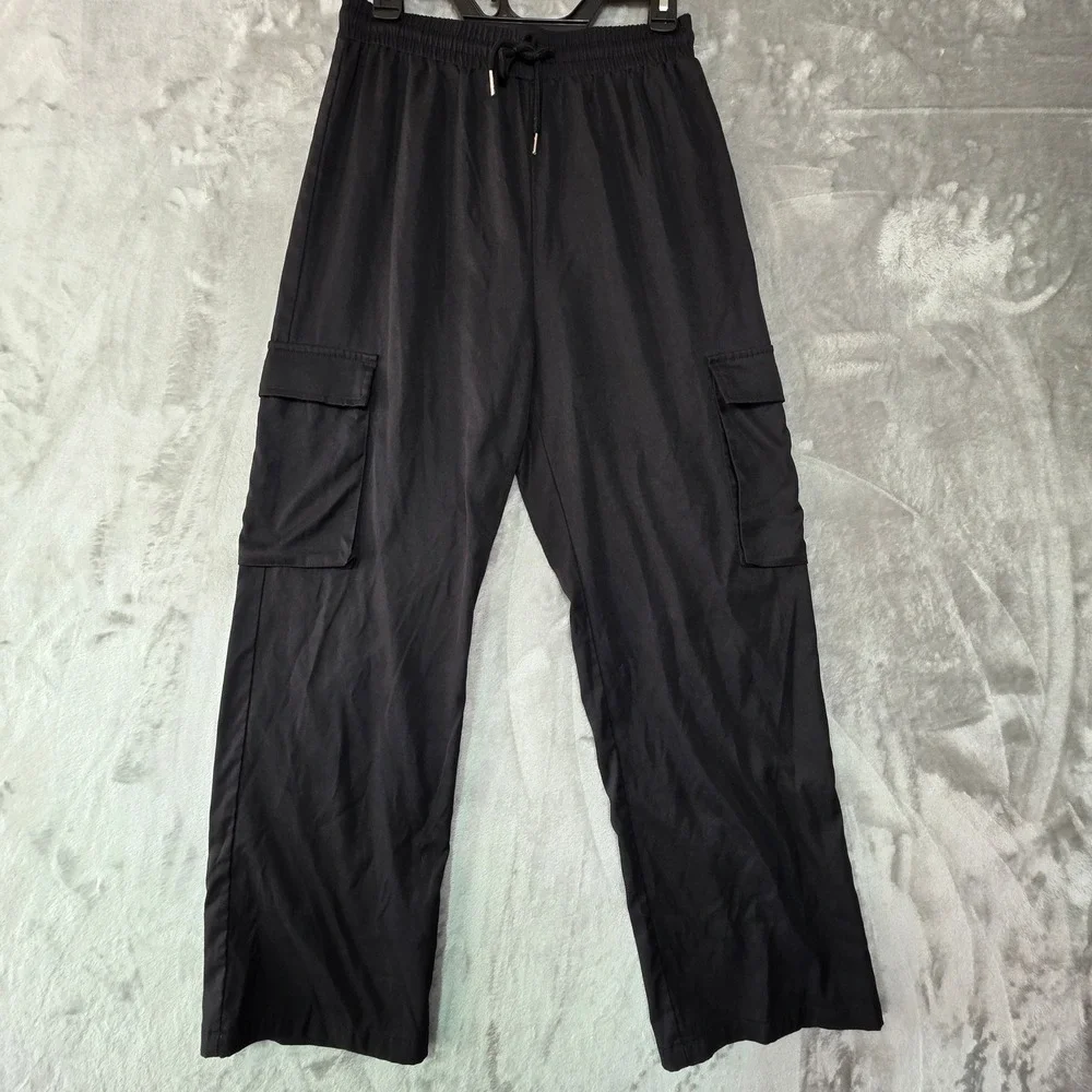 Kids Black Cargo Pants Elastic Waist Drawstring Straight Leg Size M